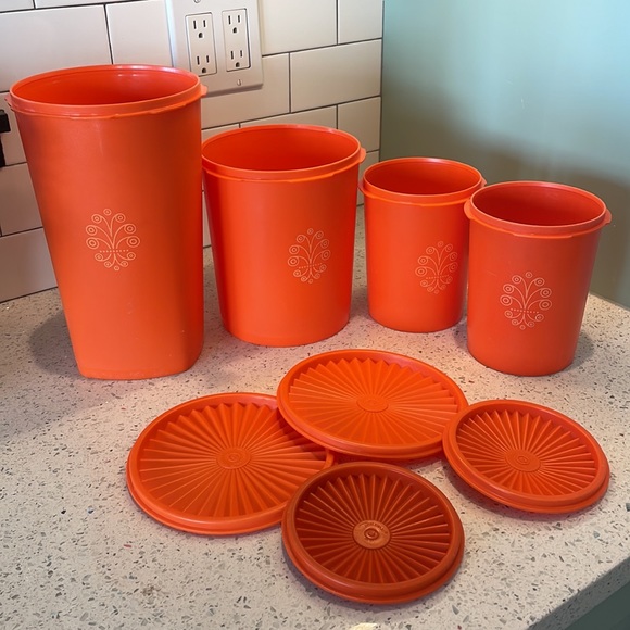 **SOLD**Vintage Tupperware Set of 4 Orange Canisters - Picture 1 of 10